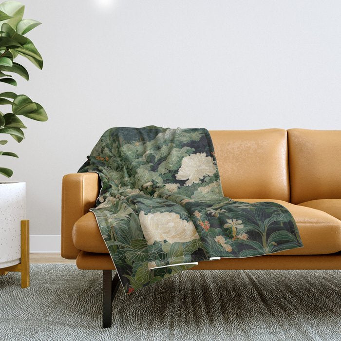 Japanese Wall Art Flower Poster maximalist wall art floral Japandi Wall Art botanical Sage Green Art Throw Blanket Gallery Image 1