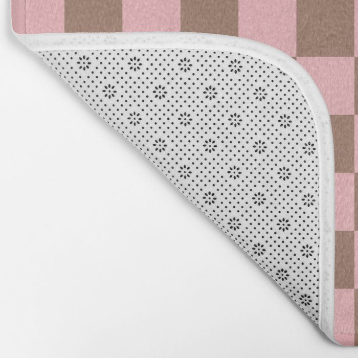Checkered Check Checkerboard Pattern in Mocha Brown and Light Pink Bath Mat Gallery Image 2