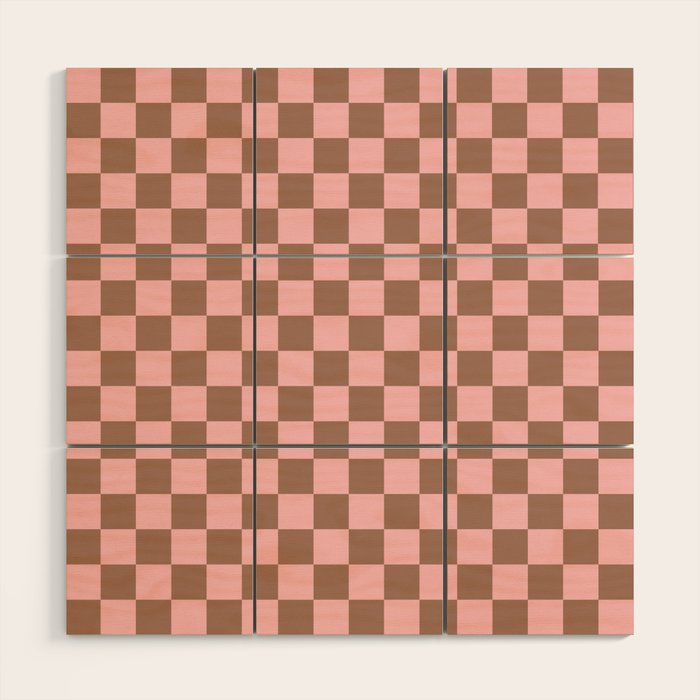 Checkered Check Checkerboard Pattern in Mocha Brown and Light Pink Wood Wall Art Gallery Image 1