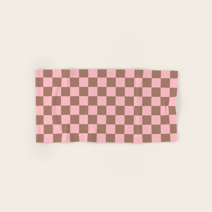 Checkered Check Checkerboard Pattern in Mocha Brown and Light Pink Bath Towel Gallery Image 1