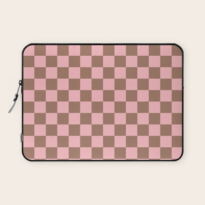 Checkered Check Checkerboard Pattern in Mocha Brown and Light Pink Laptop Sleeve Gallery Image 1