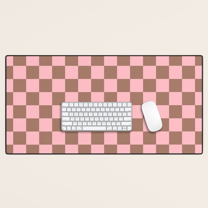 Checkered Check Checkerboard Pattern in Mocha Brown and Light Pink Desk Mat Gallery Image 1
