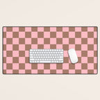 Checkered Check Checkerboard Pattern in Mocha Brown and Light Pink Desk Mat Gallery Image 1