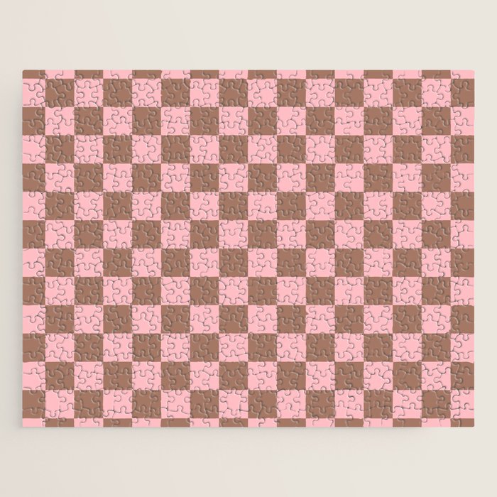 Checkered Check Checkerboard Pattern in Mocha Brown and Light Pink Jigsaw Puzzle Gallery Image 1