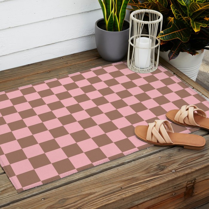 Checkered Check Checkerboard Pattern in Mocha Brown and Light Pink Outdoor Rug Gallery Image 2