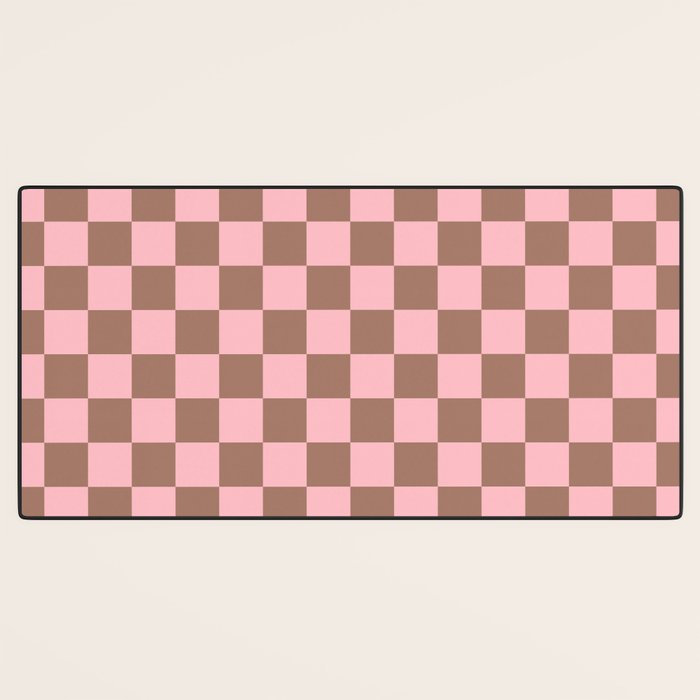 Checkered Check Checkerboard Pattern in Mocha Brown and Light Pink Desk Mat Gallery Image 3