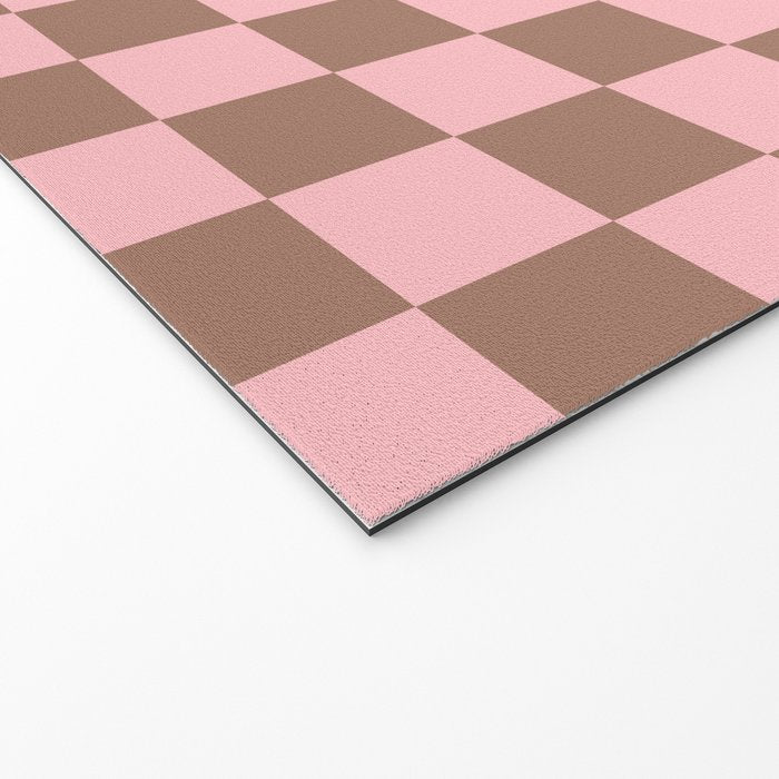 Checkered Check Checkerboard Pattern in Mocha Brown and Light Pink Welcome Mat Gallery Image 2
