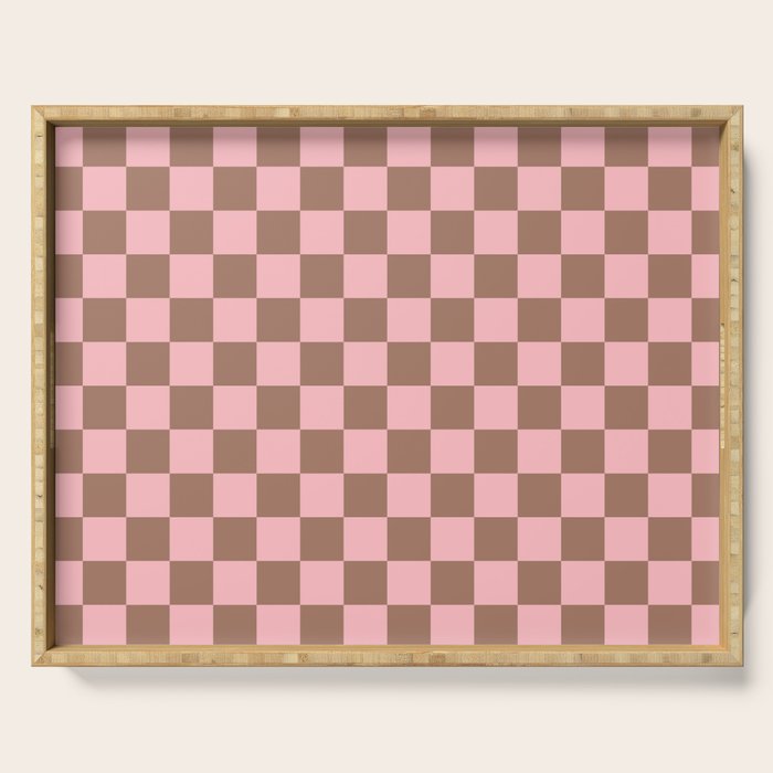 Checkered Check Checkerboard Pattern in Mocha Brown and Light Pink Serving Tray Gallery Image 1