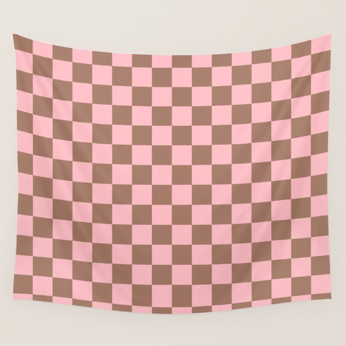 Checkered Check Checkerboard Pattern in Mocha Brown and Light Pink Wall Tapestry Gallery Image 4