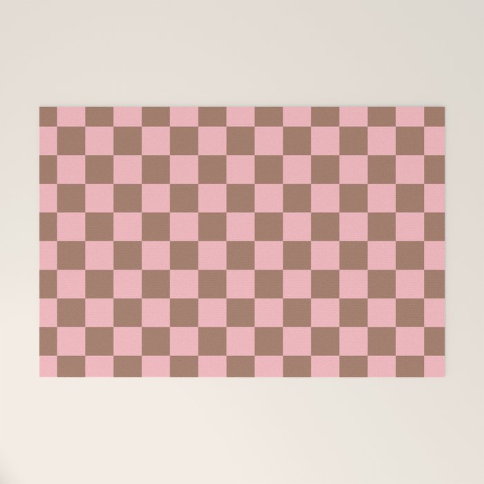 Checkered Check Checkerboard Pattern in Mocha Brown and Light Pink Welcome Mat Gallery Image 1