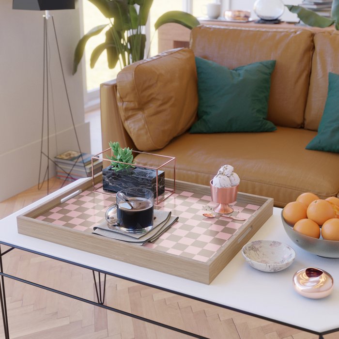 Checkered Check Checkerboard Pattern in Mocha Brown and Light Pink Serving Tray Gallery Image 2