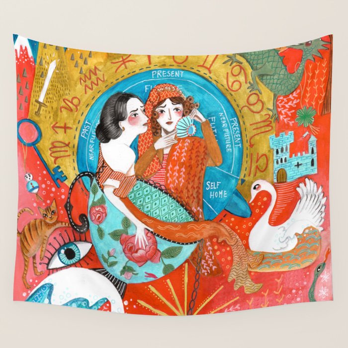 Spiritual tea leaf reading good fortune ladies Wall Tapestry Gallery Image 1