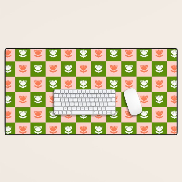 Retro Checkered Tulips Pattern - Pink and Green Desk Mat Gallery Image 1