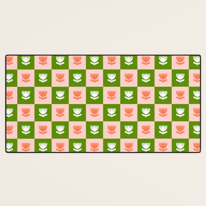 Retro Checkered Tulips Pattern - Pink and Green Desk Mat Gallery Image 3