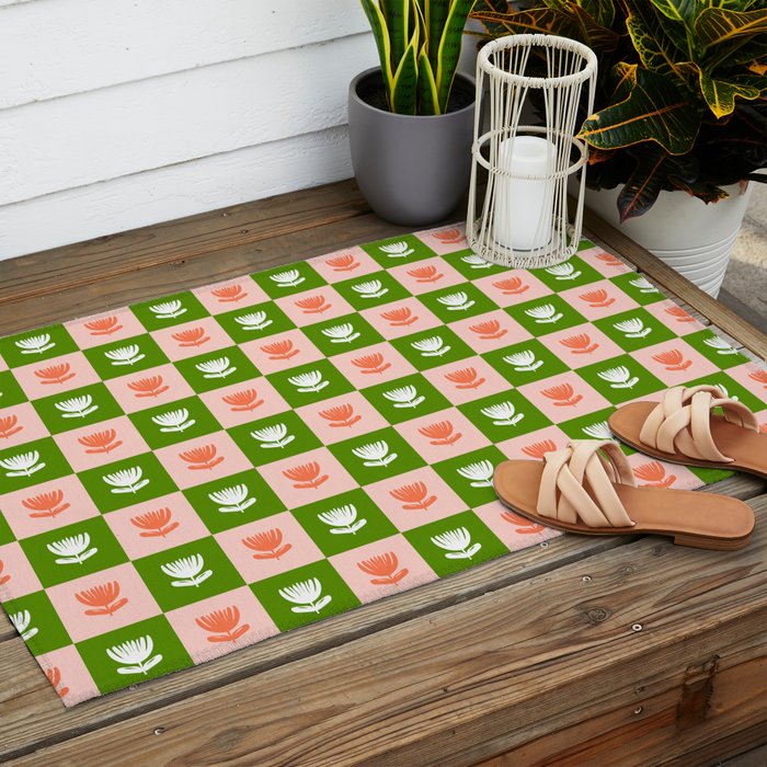 Retro Checkered Tulips Pattern - Pink and Green Outdoor Rug Gallery Image 2