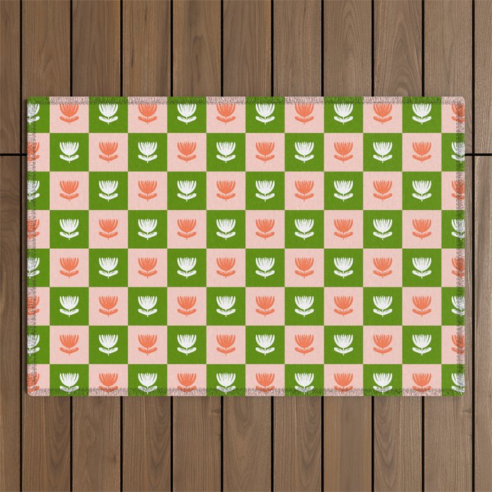 Retro Checkered Tulips Pattern - Pink and Green Outdoor Rug Gallery Image 1