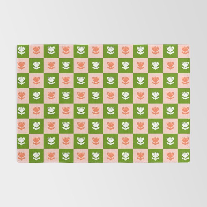 Retro Checkered Tulips Pattern - Pink and Green Rug Gallery Image 2