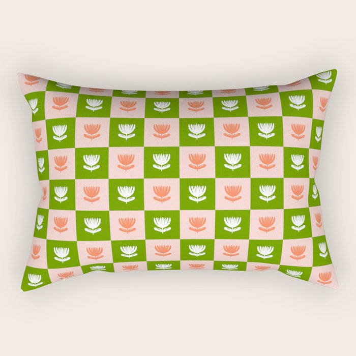 Retro Checkered Tulips Pattern - Pink and Green Rectangular Pillow Gallery Image 2