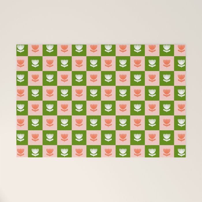 Retro Checkered Tulips Pattern - Pink and Green Welcome Mat Gallery Image 1