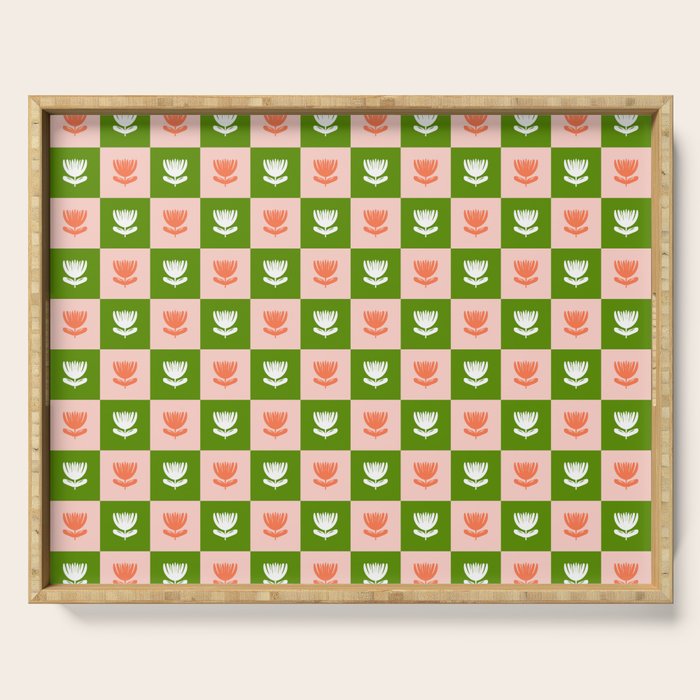 Retro Checkered Tulips Pattern - Pink and Green Serving Tray Gallery Image 1
