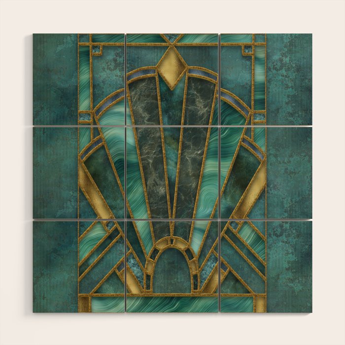 Elegant Stained Glass Art Deco Window With Marble And Gemstone Wood Wall Art