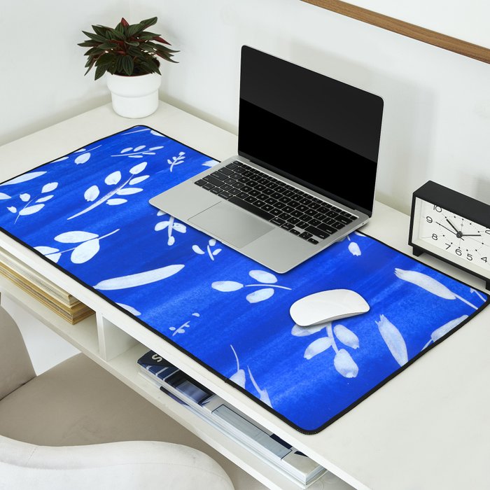 blue and white leaves Desk Mat Gallery Image 2