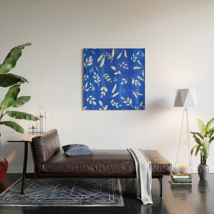 blue and white leaves Wood Wall Art Gallery Image 2