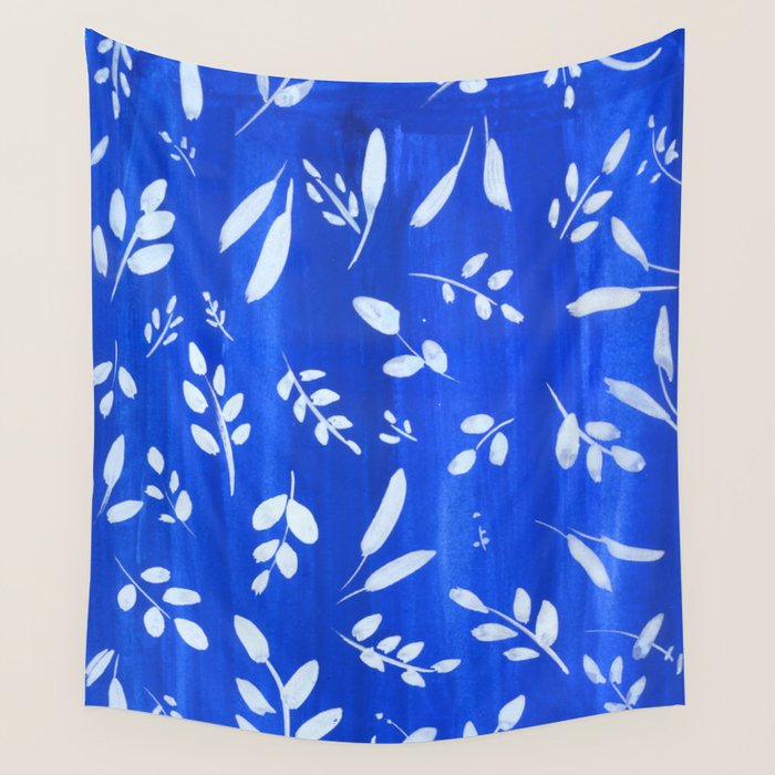blue and white leaves Wall Tapestry Gallery Image 1