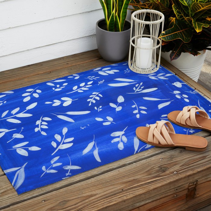 blue and white leaves Outdoor Rug Gallery Image 2