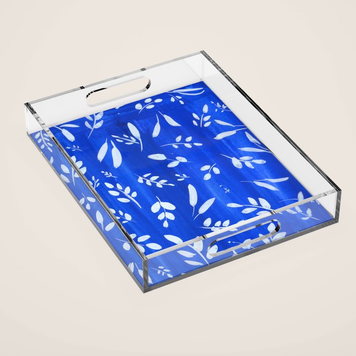 blue and white leaves Acrylic Tray Gallery Image 1