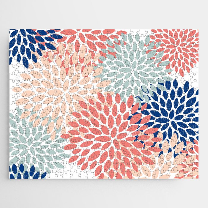 Floral Blooms, Coral, Navy, Aqua Jigsaw Puzzle Gallery Image 1