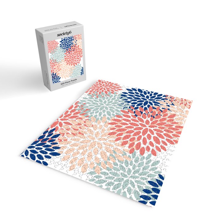 Floral Blooms, Coral, Navy, Aqua Jigsaw Puzzle Gallery Image 2