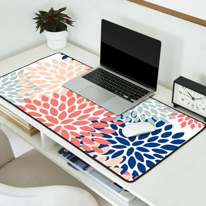 Floral Blooms, Coral, Navy, Aqua Desk Mat Gallery Image 2