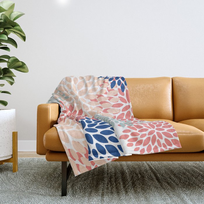 Floral Blooms, Coral, Navy, Aqua Throw Blanket Gallery Image 1