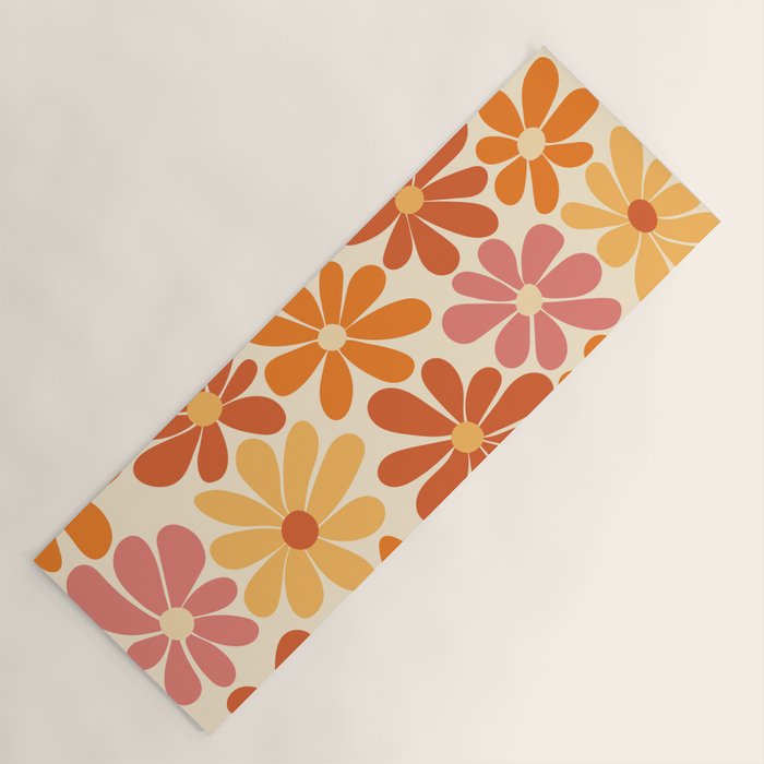Retro Orange, Yellow & Pink Flower Pattern Yoga Mat Gallery Image 1