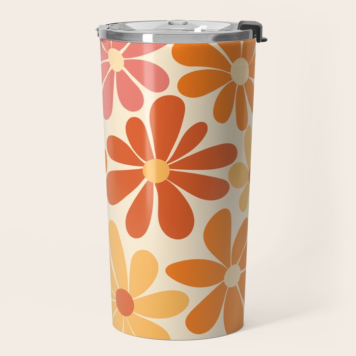 Retro Orange, Yellow & Pink Flower Pattern Travel Mug Gallery Image 2
