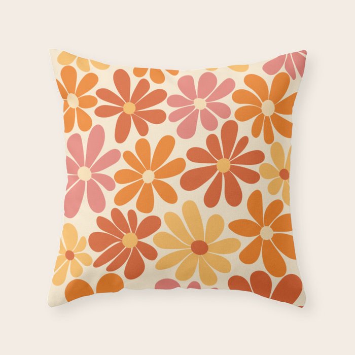Retro Orange, Yellow & Pink Flower Pattern Throw Pillow Gallery Image 6