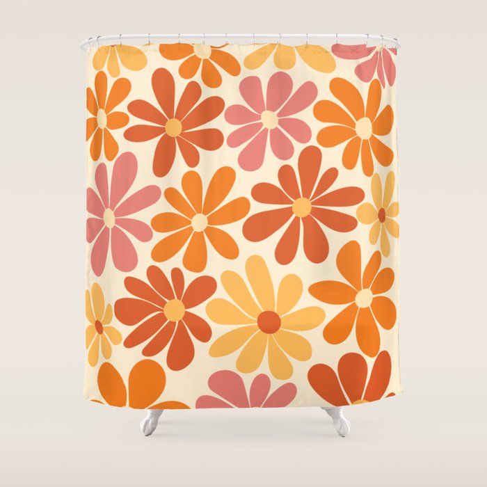 Retro Orange, Yellow & Pink Flower Pattern Shower Curtain Gallery Image 1