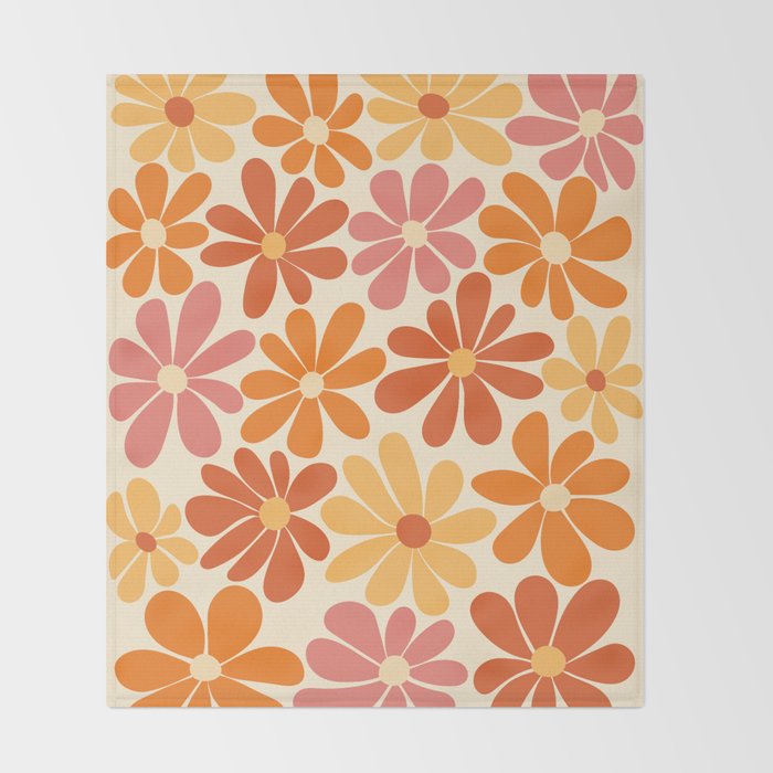Retro Orange, Yellow & Pink Flower Pattern Throw Blanket Gallery Image 2
