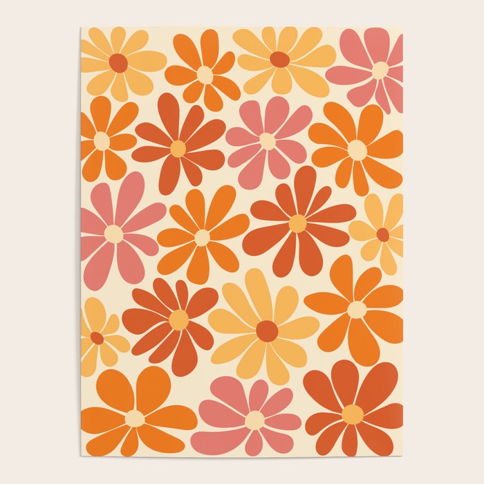 Retro Orange, Yellow & Pink Flower Pattern Poster Gallery Image 1