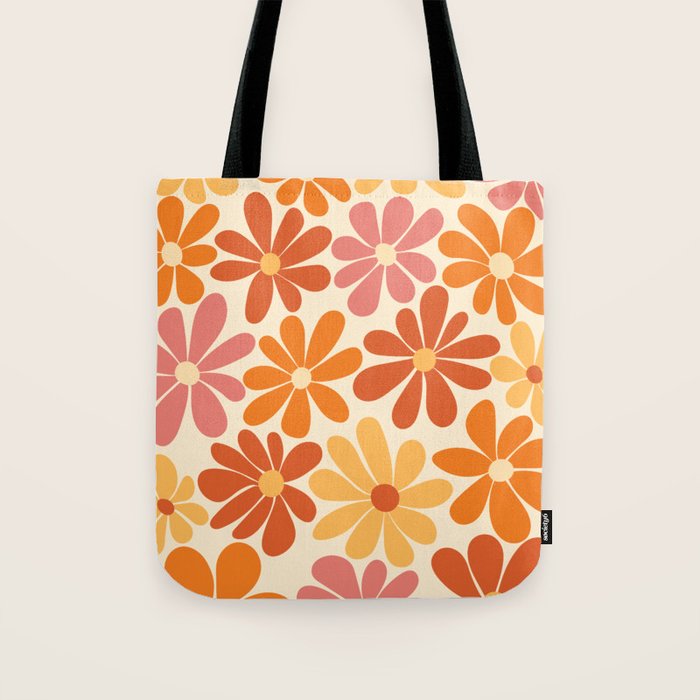 Retro Orange, Yellow & Pink Flower Pattern Tote Bag Gallery Image 1