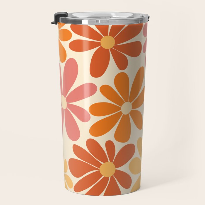Retro Orange, Yellow & Pink Flower Pattern Travel Mug Gallery Image 3