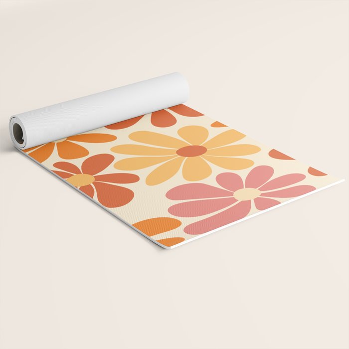 Retro Orange, Yellow & Pink Flower Pattern Yoga Mat Gallery Image 2