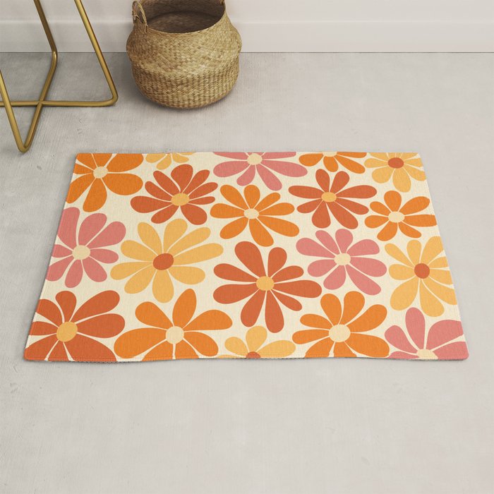 Retro Orange, Yellow & Pink Flower Pattern Rug Gallery Image 1