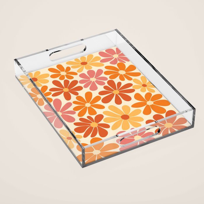 Retro Orange, Yellow & Pink Flower Pattern Acrylic Tray Gallery Image 1