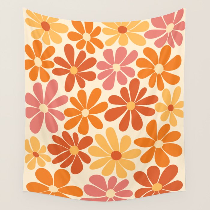 Retro Orange, Yellow & Pink Flower Pattern Wall Tapestry Gallery Image 4