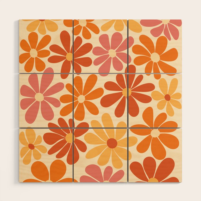 Retro Orange, Yellow & Pink Flower Pattern Wood Wall Art Gallery Image 1
