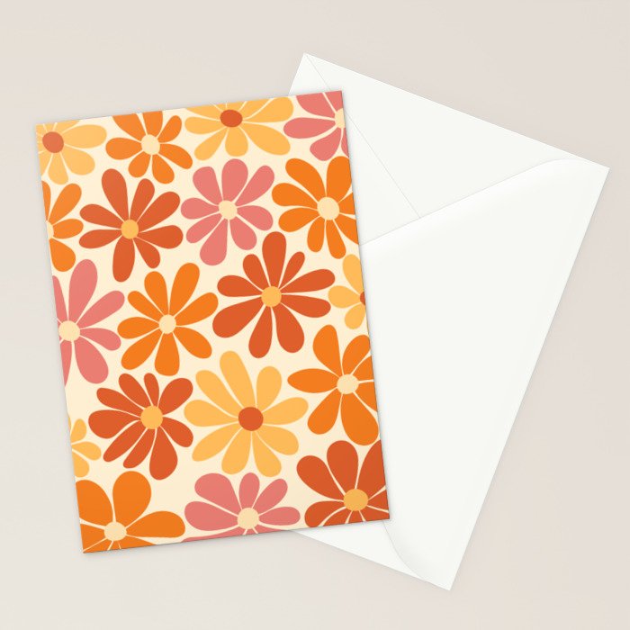 Retro Orange, Yellow & Pink Flower Pattern Stationery Card Gallery Image 2