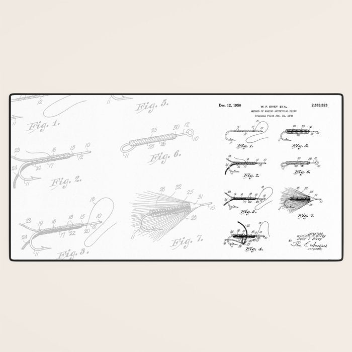 Fly Fishing Patent - Fisherman Art - Black And White Desk Mat Gallery Image 3