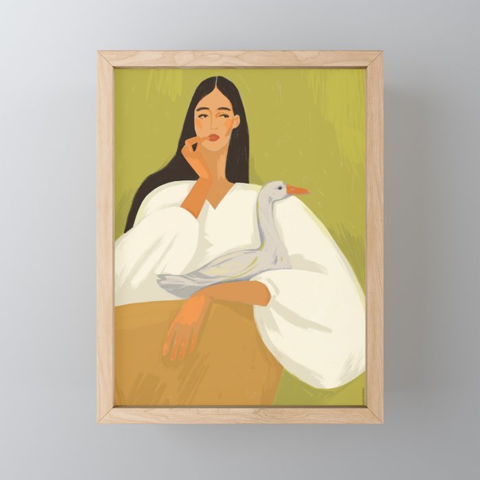 a girl with a basket and a goose Mini Art Print Gallery Image 1